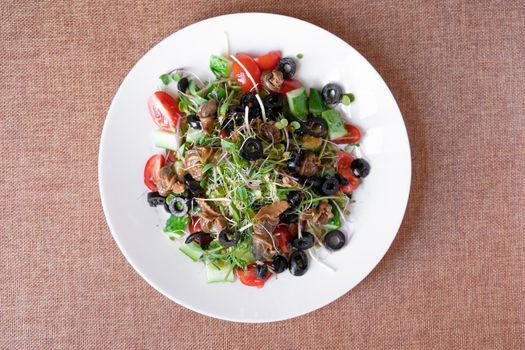 Salad with snail, olive, tomatoe cherie, cucumber and greens