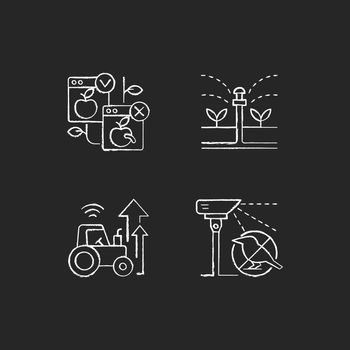 Automated systems in agriculture chalk white icons set on dark background