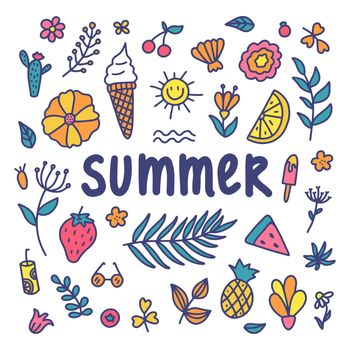 Summer set. Vector illustration of colorful doodles of summer symbols