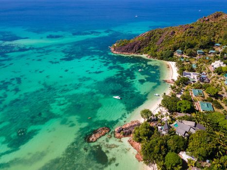 Praslin Seychelles tropical island with withe beaches and palm trees, beach of Anse Volbert Seychelles