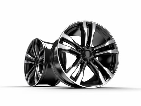 Black car alloy wheel, isolated over white background 3D rendering illustration.