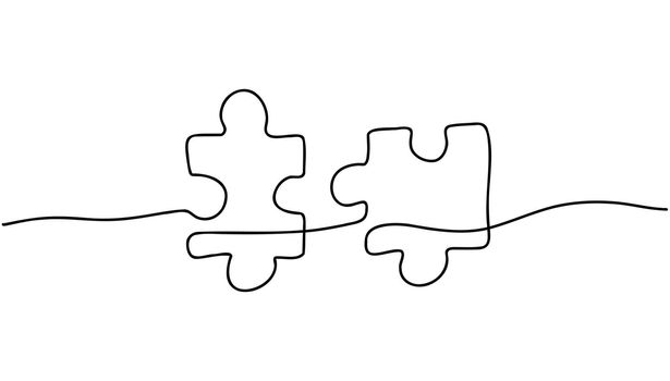 Continuous one line puzzle. Two pieces of jigsaw. Vector teamwork concept