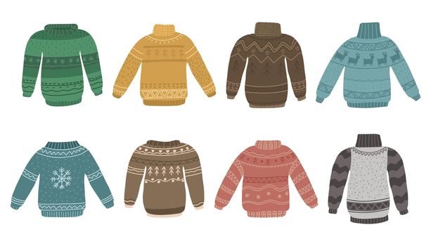 Christmas ugly sweater. Xmas funny handmade jumpers. Vector print pullovers