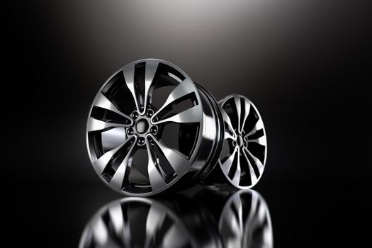 Silver Forged Alloy Car Rim on black background 3D rendering illustration.