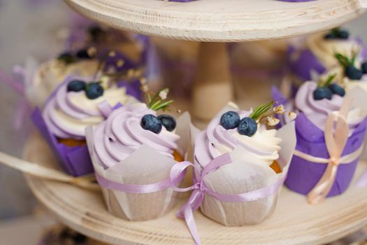 Vanilla cupcakes with lavender cream. Thematic muffins. Cupcakes with cream in a paper tulip form, decorated with blueberries, rosemary, flowers, tied with a ribbon