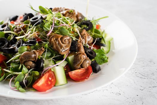 Green salad with escargot grape snails on white background. French gourmet cuisine