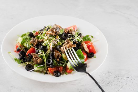 Green salad with escargot grape snails on white background. French gourmet cuisine.