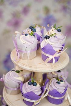 Cupcakes with cream in a paper tulip form, decorated with blueberries, rosemary, flowers, tied with a ribbon. Vanilla cupcakes with lavender cream. Thematic muffins