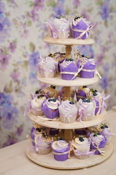 Vanilla cupcakes with lavender cream. Thematic muffins. Cupcakes with cream in a paper tulip form, decorated with blueberries, rosemary, flowers, tied with a ribbon