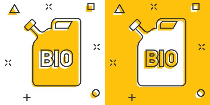 Gasoline canister icon in comic style. Petrol can cartoon vector illustration on white isolated background. Fuel container splash effect sign business concept.