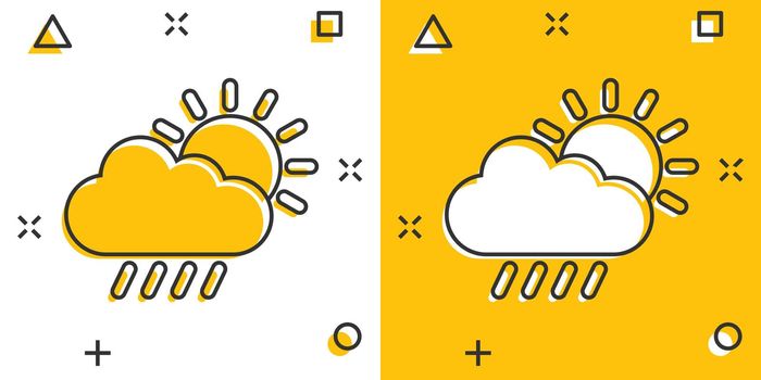 Weather icon in comic style. Sun, cloud and rain cartoon vector illustration on white isolated background. Meteorology splash effect sign business concept.