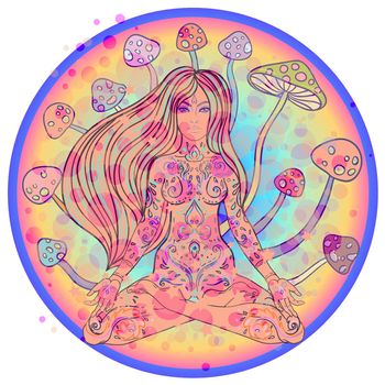 Meditating Girl sitting in lotus position over ornate colorful mandala background with mushrooms. Vector illustration. Psychedelic composition. Buddhism esoteric motifs.