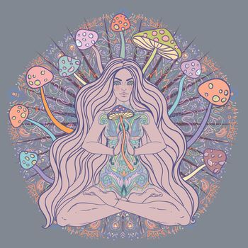 Meditating Girl sitting in lotus position over ornate colorful mandala background with mushrooms. Vector illustration. Psychedelic composition. Buddhism esoteric motifs.