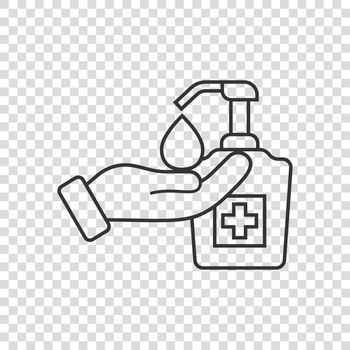 Hand sanitizer icon in flat style. Antiseptic bottle vector illustration on isolated background. Disinfect gel sign business concept.