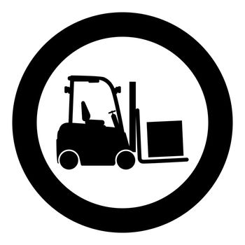 Cargo loading machine forklift truck for lifting box goods in warehouse fork lift loader freight icon in circle round black color vector illustration image solid outline style