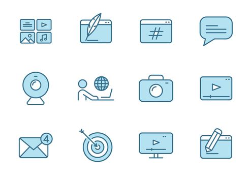 blog outline vector icons in two colors isolated on white background. blogger blue icon set for web design, ui, mobile apps and print polygraphy