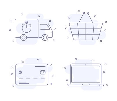 e commerce outline vector illustrations isolated on white. e commerce purple line icons with light pink background and decorations. truck, delivery, shopping basket, credit card, laptop