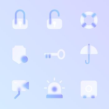security glass morphism trendy style icon set. security transparent glass color vector icons with blur and purple gradient. for web and ui design, mobile apps and promo business polygraphy