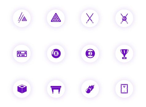 billiards purple color vector icons on light round buttons with purple shadow. billiards icon set for web, mobile apps, ui design and print