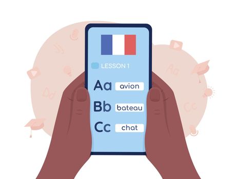 Studying French with smartphone 2D vector isolated illustration