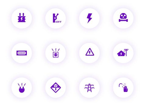 high voltage purple color vector icons on light round buttons with purple shadow. high voltage icon set for web, mobile apps, ui design and print