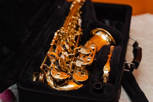 Sax musical instrument in case. Saxophone musician instrument for play jazz.