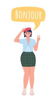 Lady speaking french language semi flat color vector character with speech bubble