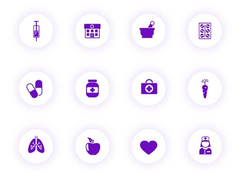 healthcare purple color vector icons on light round buttons with purple shadow. healthcare icon set for web, mobile apps, ui design and print