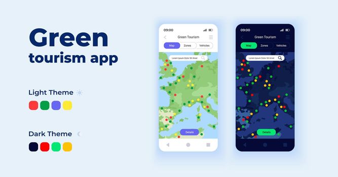 Green tourism app cartoon smartphone interface vector templates set