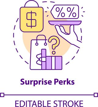 Surprise perks concept icon. Pleasant gift for client abstract idea thin line illustration. Happy buyer. Regular presents and benefits. Vector isolated outline color drawing. Editable stroke
