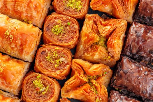 Turkish Dessert Baklava. close up. creative photo.