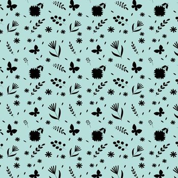 Seamless floral pattern with black flowers on green background. Modern blossom decoration with botanical ornament