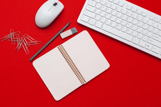 Styled stock photography red office desk table with stationery and office supplies