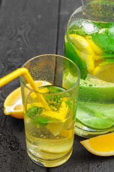 refreshing cold citrus water with mint. Close up.