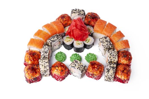 Closeup image of sushi rolls isolated at white background