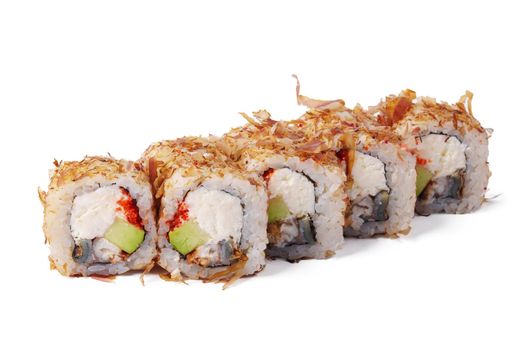 Closeup image of sushi rolls isolated at white background