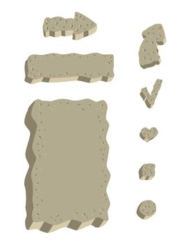The set of design elements made from stone or cement: arrows, markers, tick, banners. 3D imitation in hand drawn sketchy style. 