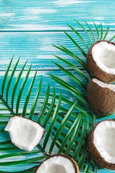 Creative layout made of coconuts and tropical leaves. Food concept