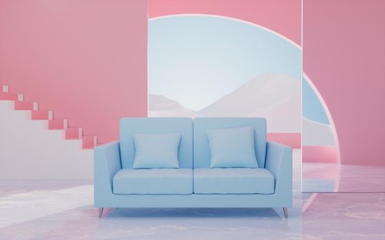 Sofa with geometry interior background, 3d rendering.
