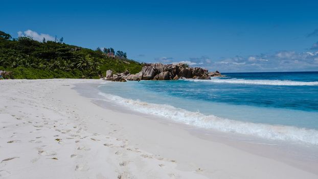 Anse Cocos Beach, La Digue Island, Seychelles, Tropical white beach with the turquoise colored ocean.