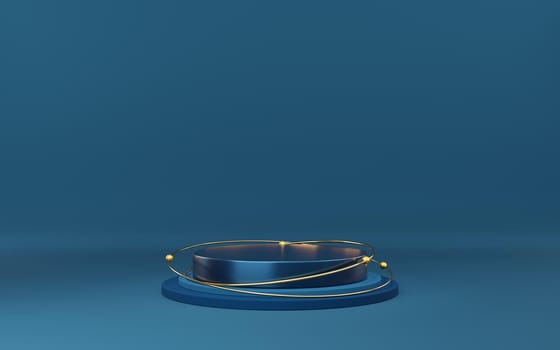 Empty blue cylinder podium and gold circle and ball on blue background. Abstract minimal studio 3d geometric shape object. Mockup space for display of product design. 3d rendering.