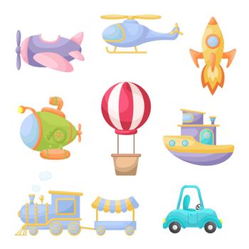 Set of cute cartoon transport. Collection of vehicles for design of kids rooms, clothing, album, card, baby shower, birthday invitation, house interior. Bright colored childish vector illustration.