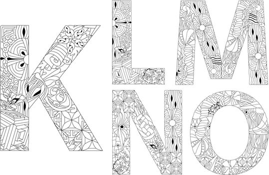 Vector of hand drawn set of Alphabet from K - O in Zentangle style for coloring pages