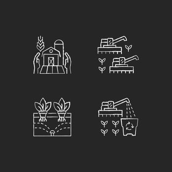 Agriculture and farming chalk white icons set on dark background