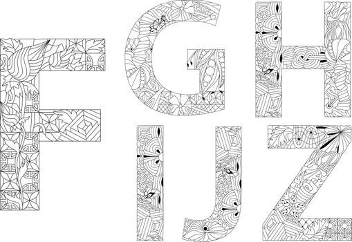 Vector of hand drawn set of Alphabet from F - J in Zentangle style for coloring pages