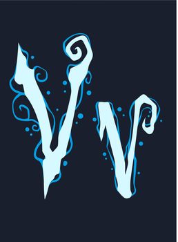 Handrawn design font of blue gothic curly letter V