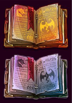 Cartoon colorful open magic spell books set