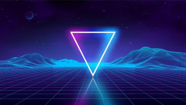 Retro futuristic background for game. Music 3d dance galaxy poster. 80s background disco. Neon triangle synthwave digital wireframe landscape with palms. Space vector.