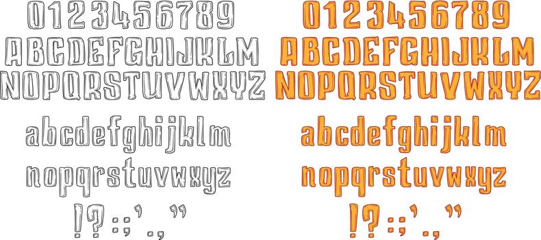 Handrawn cartoon white and orange alphabet font