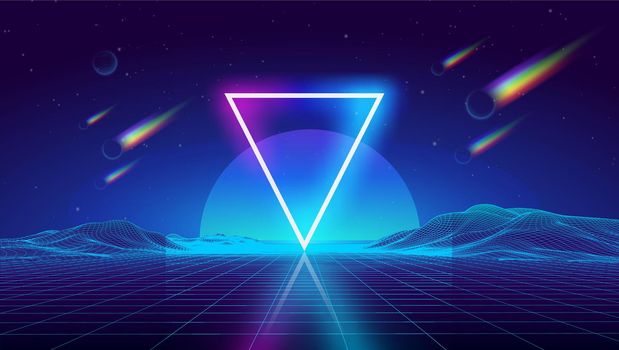 Synth wave retro city landscape background sunset 3d landscape with rainbow comets. Futuristic landscape 1980s style. Neon triangle synthwave digital wireframe landscape . Retro fashion Sci-Fi Background.
